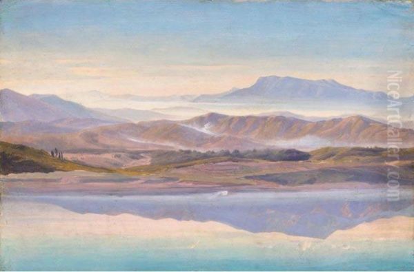 Berge Im Morgennebel (mountainous Landscape In The Early Morning Mist) Oil Painting by August Lucas