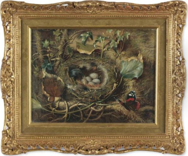 A Still-life With Bird's Nest And Butterfly On A Mossy Bank Oil Painting by Edward George Handel Lucas