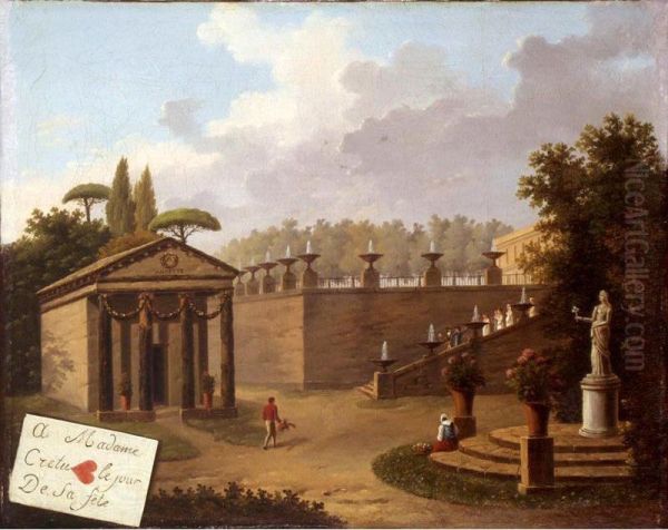 A Classical Garden Landscape With Figures, A Trompe-l'oeil Of A Playing Card In The Lower Left Hand Corner Oil Painting by Jean-Paul Lucas