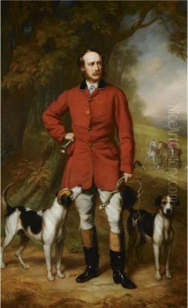 Portrait Of A Huntsman And His Hounds In A Landscape Oil Painting by John Lucas