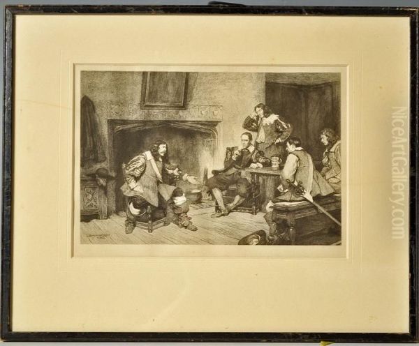 A Carolean Interior Scene Of Five Cavaliers In Discussion By A Fireside Oil Painting by John Seymour Lucas