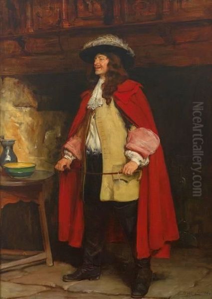 Portrait Eines Eleganten Herren Mit Rotem Umhang, Gelber Jacke Und Stiefeln Oil Painting by John Seymour Lucas