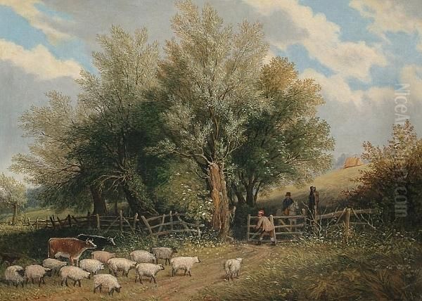 Country Landscape With Cattle, Sheep And Figures By Gate Oil Painting by Ralph W. Lucas