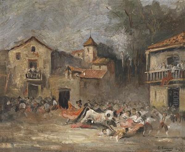 A Bullfight Oil Painting by Eugenio Lucas Velasquez