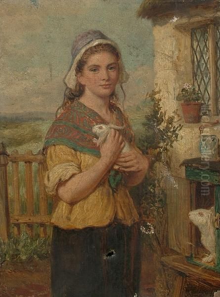 A Young Woman Holding A Rabbit Oil Painting by William Lucas