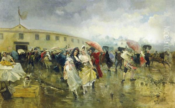 Outside The Plaza De Toros, Madrid. Oil Painting by Eugenio Lucas Villamil