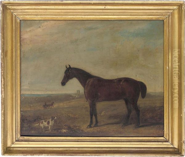 A Chestnut Hunter And Dog In A Landscape Oil Painting by Henry Frederick Lucas-Lucas