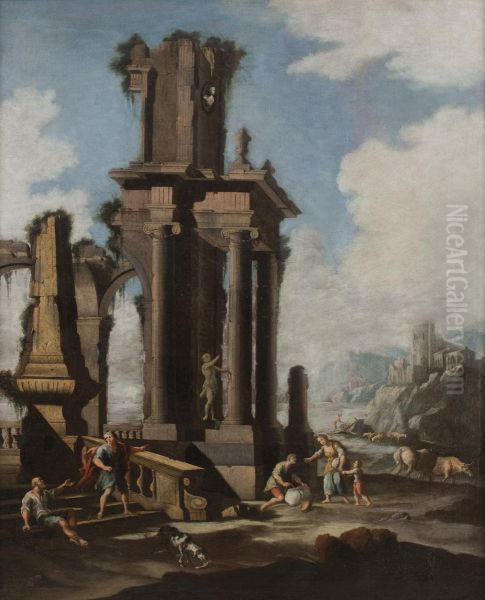 Paesaggio Costiero Con Rovine Classiche Di Ordine Ionico E Vari Astanti Oil Painting by Ascanio Luciani