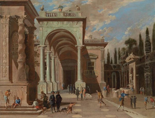 An Architectural Capriccio With Figures Outside A Palace Oil Painting by Ascanio Luciani