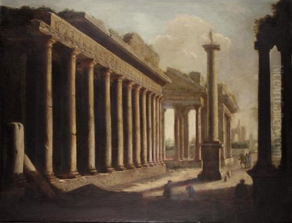 An Architectural Capriccio With Figures Amongst Ruins With The Anthonine Column Oil Painting by Ascanio Luciani