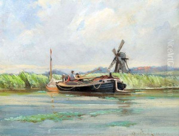 Scene With Wherry By A Windmill Oil Painting by Kenneth W. Luck