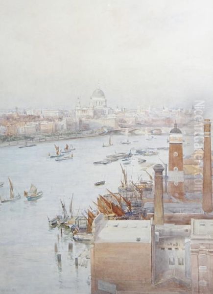 Thames Looking Towards St. Paul's And Blackfriars Bridge Oil Painting by Max Ludby