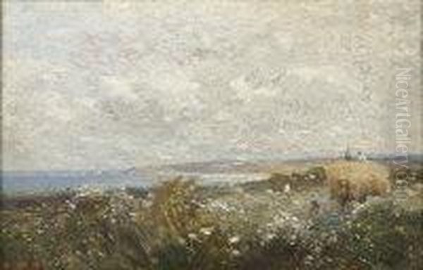 Figures Gathering Hay In A Coastal Landscape Oil Painting by Max Ludby