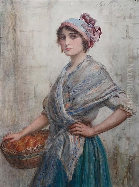 Portrait Of A Young Woman Wearing A Headscarf And Earrings, Holding A Basket Of Fruit At Her Side, Signed And Dated 1914 Oil Painting by Henry Stephen, Hal Ludlow