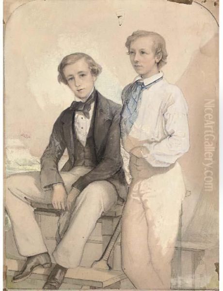 A Portrait Of Arthur And Kenneth Deighton With Their Cricket Bat Oil Painting by Albert Ludovici