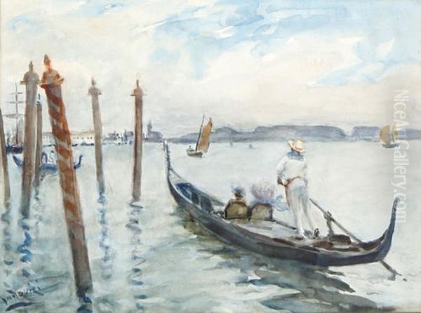 A Gondolier On The Lagoon, Venice Oil Painting by Albert Ludovici