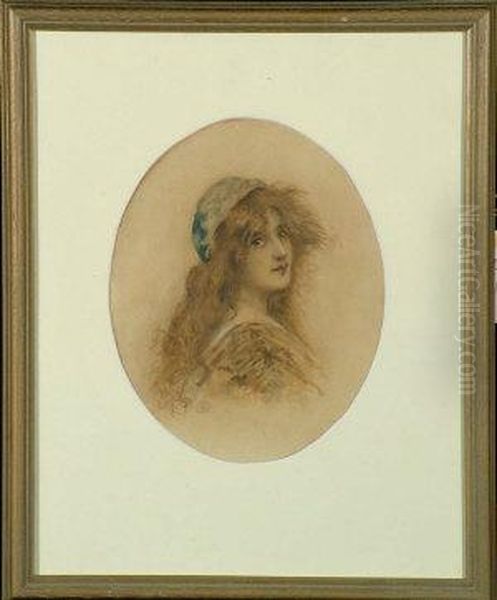 A Bust Portrait Of A Young Woman With Long Red Hair Wearing A Blue Cap Oil Painting by Albert Ludovici