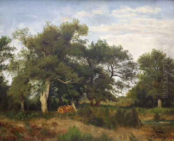 Baumbestandene Sommerlandschaft Mit Holzstapel Oil Painting by Carl Julius Ludwig