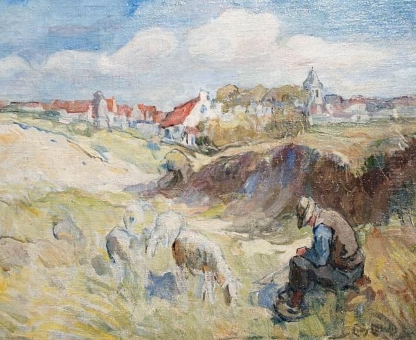 A Shepherd Before Knokke-le-zoute Oil Painting by Henri Louis Ludwig