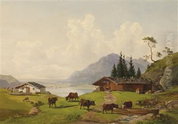 Landscape Withcows In The Foreground Oil Painting by Michael Lueger