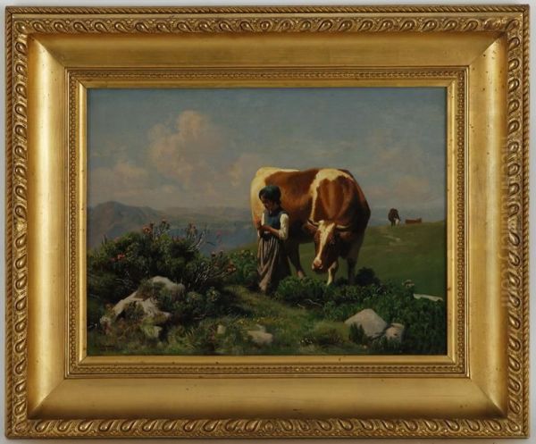 Vaches Et Fillette Cueillant Des Fleurs Oil Painting by Albert Lugardon