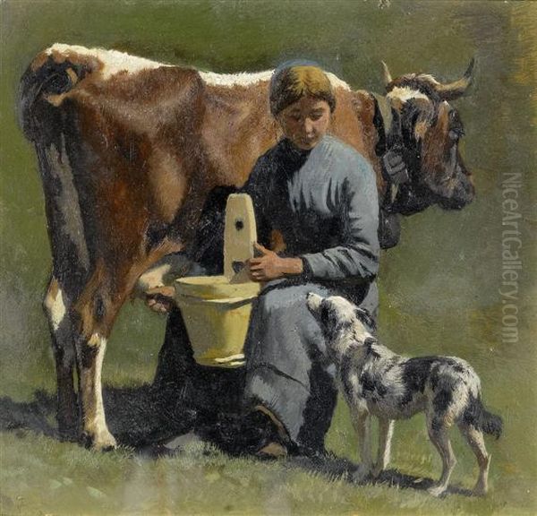 Milk Maid With Dog Oil Painting by Albert Lugardon