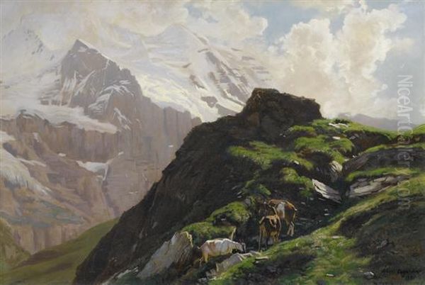 Mountain Goats With The Jungfrau In The Background Oil Painting by Albert Lugardon