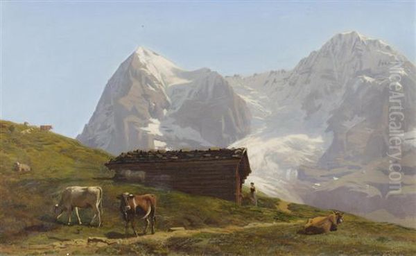 Cows In A Meadow Before The Eiger And The Matterhorn Oil Painting by Albert Lugardon