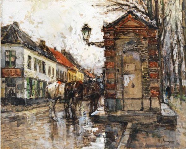 Strassenansicht Im Regen Mit Zwei Pferden An Einem Stadtbrunnen Mit Laterne Oil Painting by Ferdinand Jean Luigini