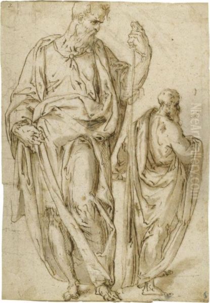 Two Standing Figures, One Holding A Staff In His Left Hand Oil Painting by Aurelio Luini