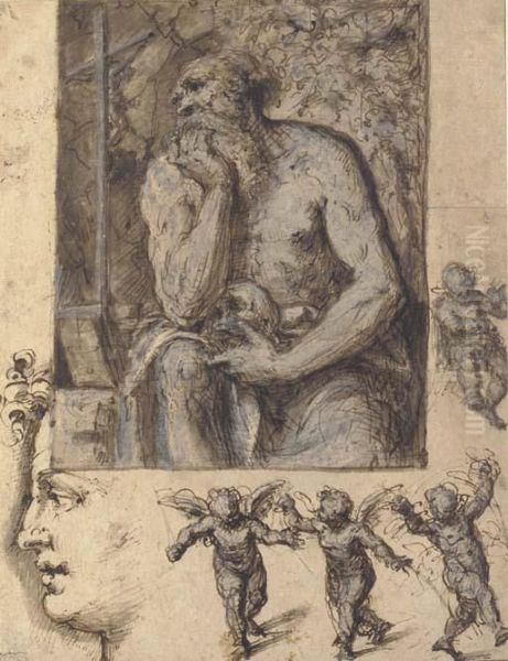 A Hermit Contemplating A Crucifix, With Studies Of Putti And A Headin Profile Oil Painting by Aurelio Luini