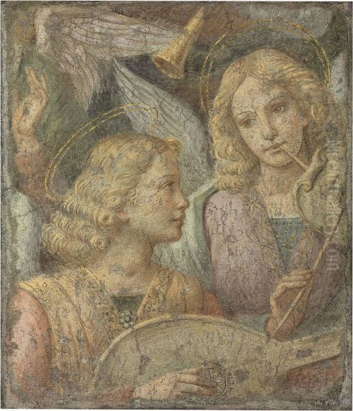 Angels Making Music Detached Gilded Fresco Oil Painting by Bernardino Luini