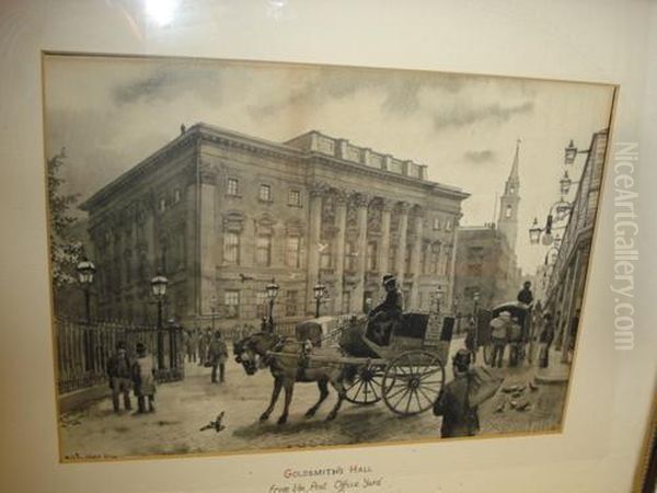 Goldsmith's Hall From The Post Office Yard Signed Lower Left,en Grisaille Oil Painting by William Luker