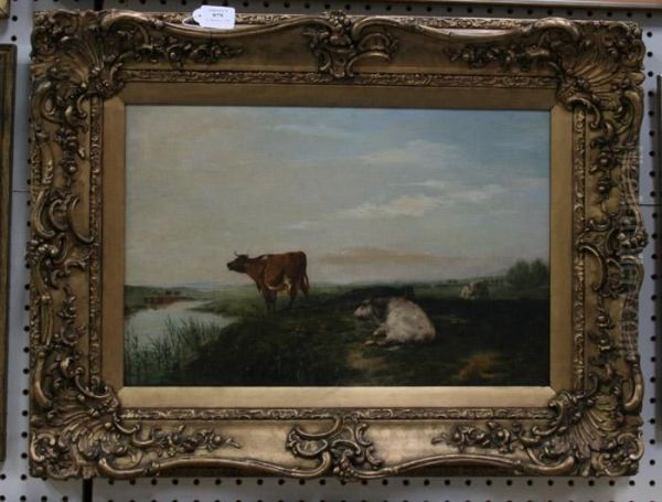 Cattle Resting On The Bank Of A River Oil Painting by William Luker