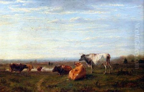 Cattle Grazing In River Landscape Oil Painting by William Snr Luker