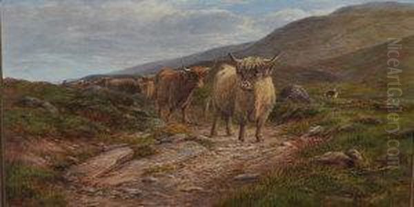 Highland Cattle And Drover Oil Painting by William Snr Luker