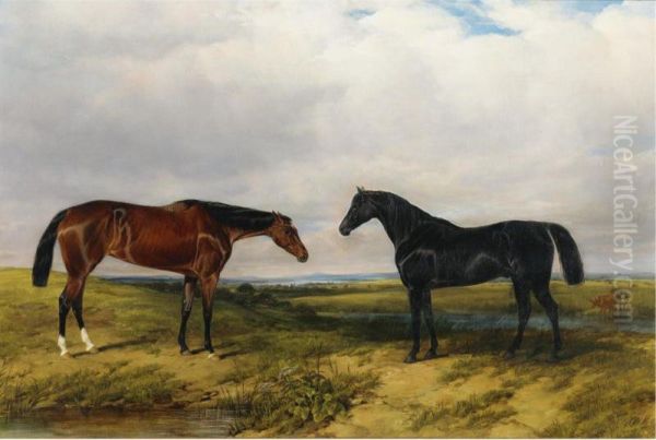 Two Horses In An Extensive Landscape Oil Painting by William Snr Luker