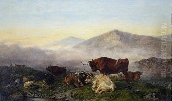 Livestock Grazing By A Stream Oil Painting by William Snr Luker