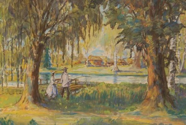 Couple Fishing From A Tree Lined River Oil Painting by Georgi Kreskentevich Lukomskii