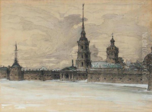 Winter Evening, The Peter And Paul Fortress, St Petersburg Oil Painting by Georgi Kreskentevich Lukomskii