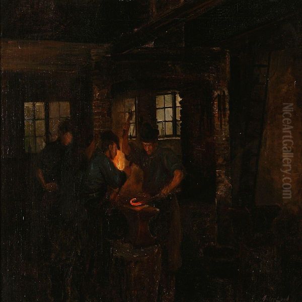 Blacksmiths In Work Oil Painting by Anker Lund