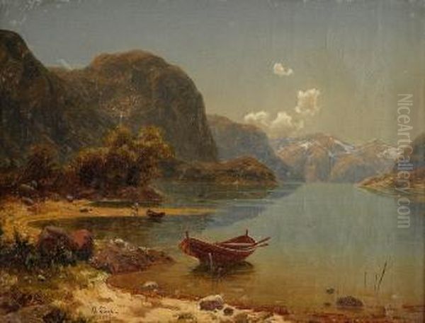 Fjordlandskap Med Folkeliv 1846 Oil Painting by Bernt Lund