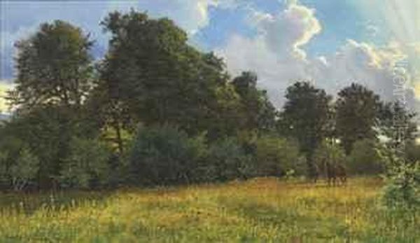 Bay Horses Tethered In Pasture Oil Painting by Carl Ove Julian Lund