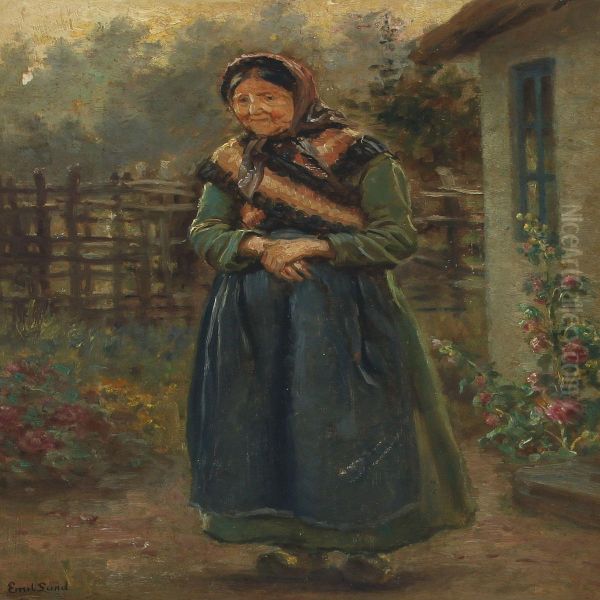 Elderly Woman In Flowering Garden Oil Painting by Emil Carl Lund