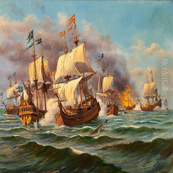 Danish And Swedish Warships In The Battle Of Koge Bugt Oil Painting by Fritz V. Lund