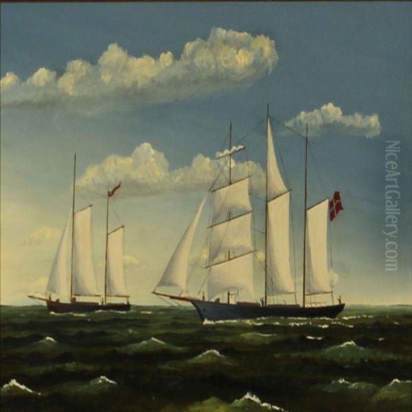 Seascape With Two Sailing Ships Oil Painting by Henrik Lund