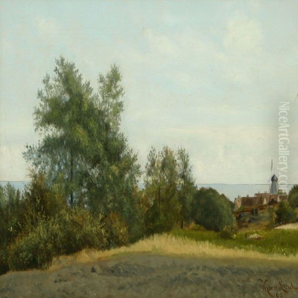 Landscape With A Mill Oil Painting by Jens Martin Victor Lund