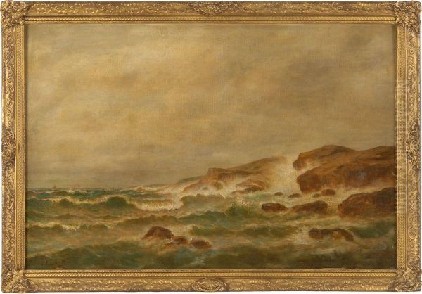 Stormy Seas Off A Rocky Coast Oil Painting by Peter F. Lund