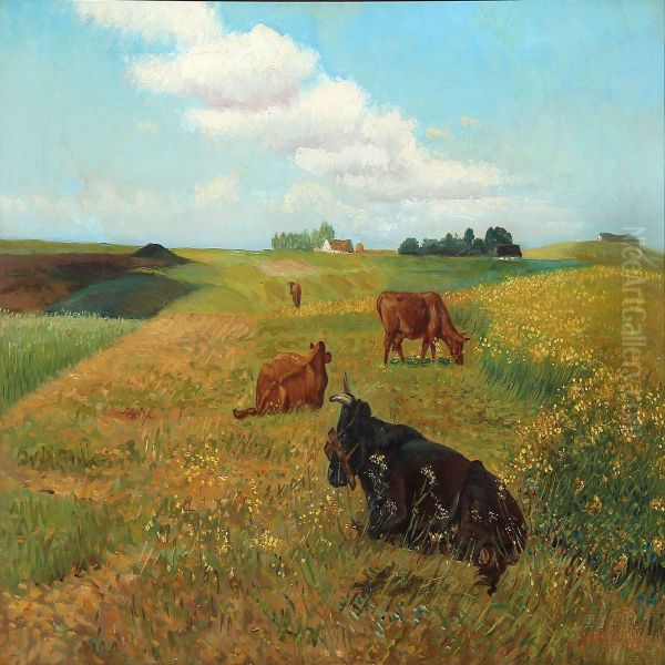 Grazing Cows On A Field, Presumably Near Randers Oil Painting by Soren Lund