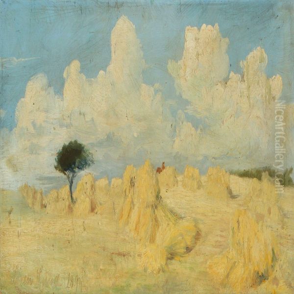 Danish Summer Landscape With Haycocks In The Field Oil Painting by Soren Lund